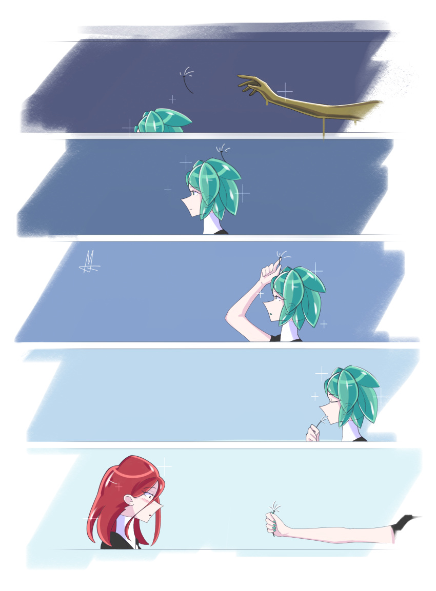 2girls, absurdres, blue_nails, cinnabar_(houseki_no_kuni), embarrassed, flower, green_hair, highres