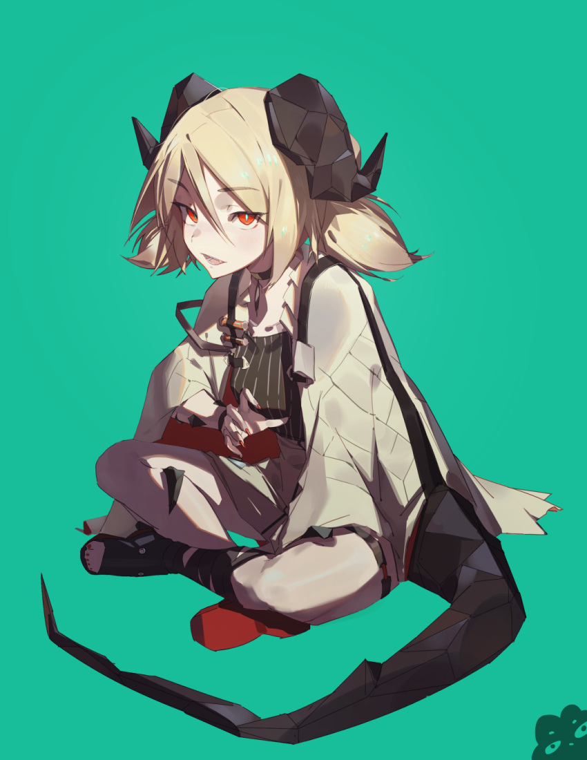 1girl, arknights, black_choker, black_horns, black_shirt, black_tail, blonde_hair, choker, eyes_visible_through_hair, fingernails, full_body, green_background, grey_jacket, grey_shirt, hair_between_eyes, highres, horns, ifrit_(arknights), indian_style, jacket, kai23506412, long_fingernails, looking_at_viewer, nail_polish, open_mouth, orange_eyes, shirt, short_hair, sitting, slit_pupils, solo, striped_clothes, striped_shirt, tail, vertical-striped_clothes, vertical-striped_shirt