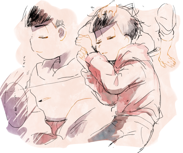 2boys, antenna_hair, blue_pants, brothers, brown_hair, closed_eyes, closed_mouth, commentary_request