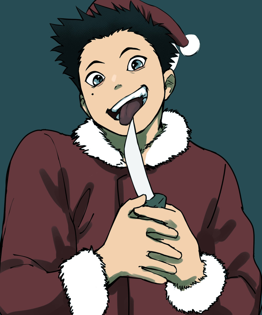 1boy, black_hair, blue_background, blue_eyes, fur_trim, hat, highres, holding, holding_knife, kanaty_12, knife, licking, licking_blade, licking_weapon, linda_cube, looking_at_viewer, male_focus, mole, mole_under_eye, neku_(linda_cube), open_mouth, santa_costume, santa_hat, short_hair, simple_background, smile, solo, spiky_hair, tongue, tongue_out, weapon