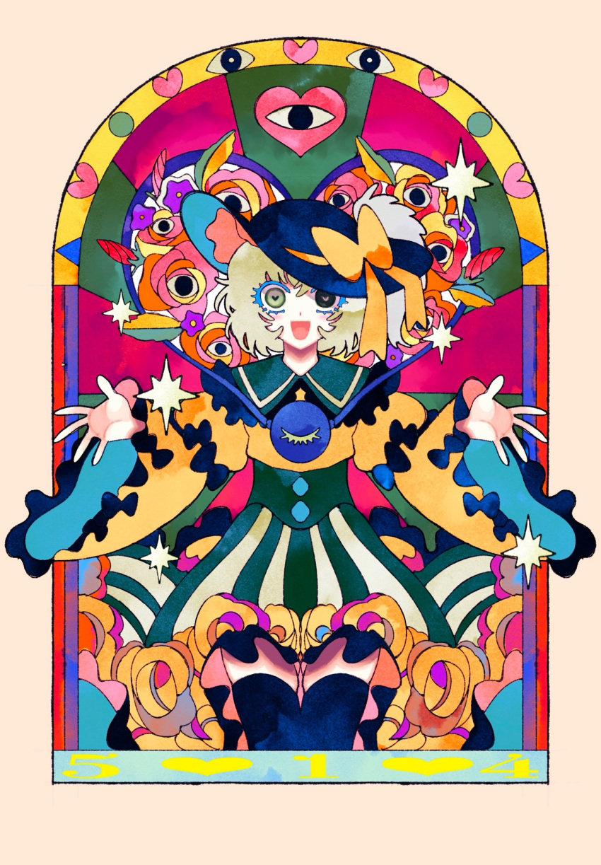 1girl, arch, black_eyes, black_hat, blonde_hair, border, bow, brown_border