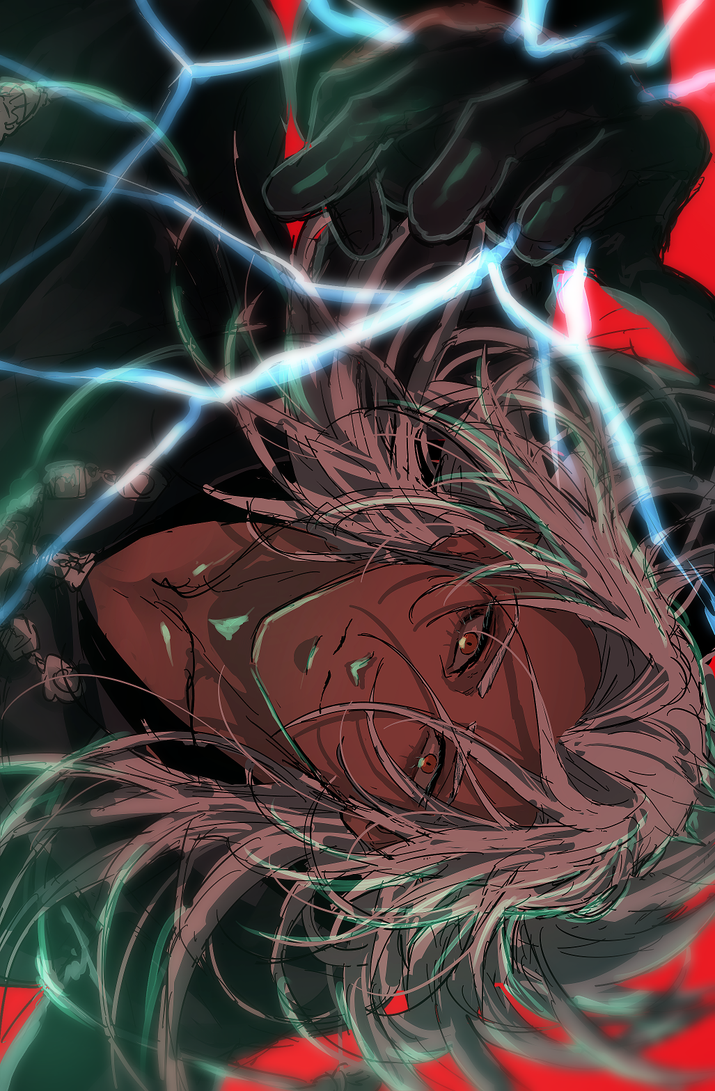 1boy, black_coat_(kingdom_hearts), black_gloves, coat, collarbone, dark-skinned_male, dark_skin, electricity