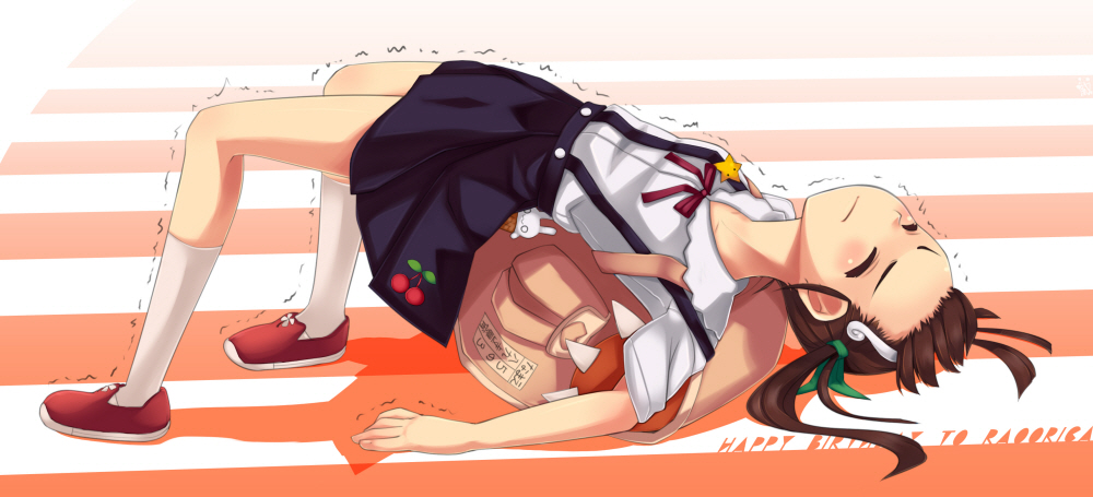 arched_back, bag, bakemonogatari, black_hair, cutting_(mkjtl), eyes_closed, hachikuji_mayoi, loli