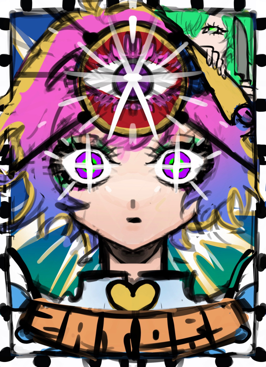 2girls, blue_background, border, brooch, commentary_request, diffraction_spikes, gradient_background, gradient_hair