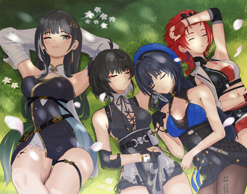 4girls, absurdres, antenna_hair, arm_up, baizhi_(wuthering_waves), bare_shoulders, black_hair, chikarit