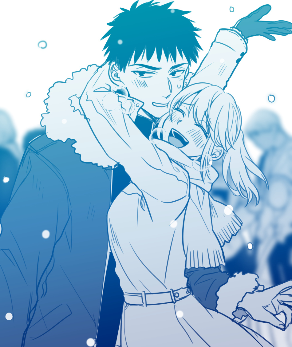 1boy, 1girl, blush, coat, commentary_request, fujihashi_ryou, hetero, hug, long_hair, looking_at_viewer, mizuno_souma, outdoors, people, ponytail, short_hair, snowing, tarou_(you-0512), upper_body, very_short_hair, white_background, winter, yubisaki_kara_no_honki_no_netsujou