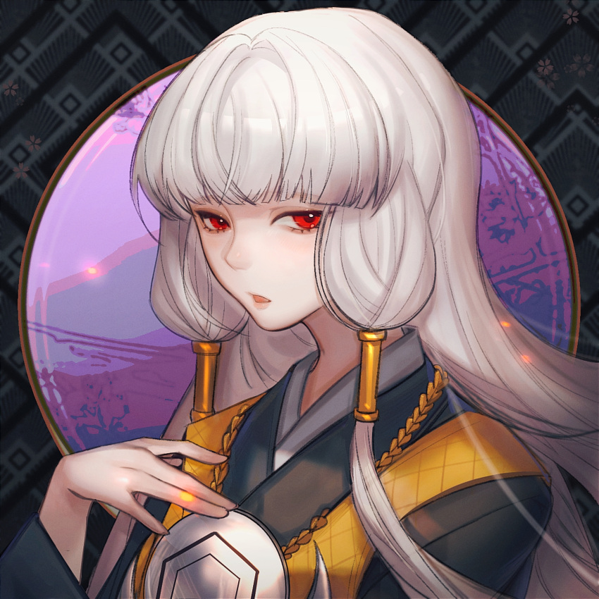 1girl, argyle_background, argyle_clothes, argyle_vest, black_background, black_kimono, blunt_bangs, cherry_blossoms