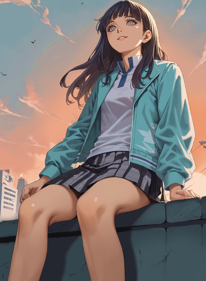 1girl, absurdres, bare_legs, black_hair, building, clouds, collared_shirt, grey_eyes, highres, isonokami_tao, jacket, long_hair, long_sleeves, macossa, pleated_skirt, school_uniform, shin_megami_tensei, shin_megami_tensei_v, shin_megami_tensei_v:_vengeance, shirt, sitting, skirt, smile, solo, sunset