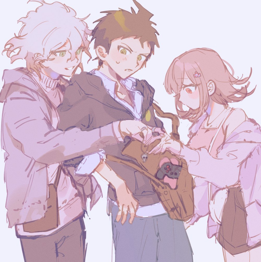 1girl, 2boys, ahoge, bag, bare_shoulders, blush, brown_bag, brown_jacket