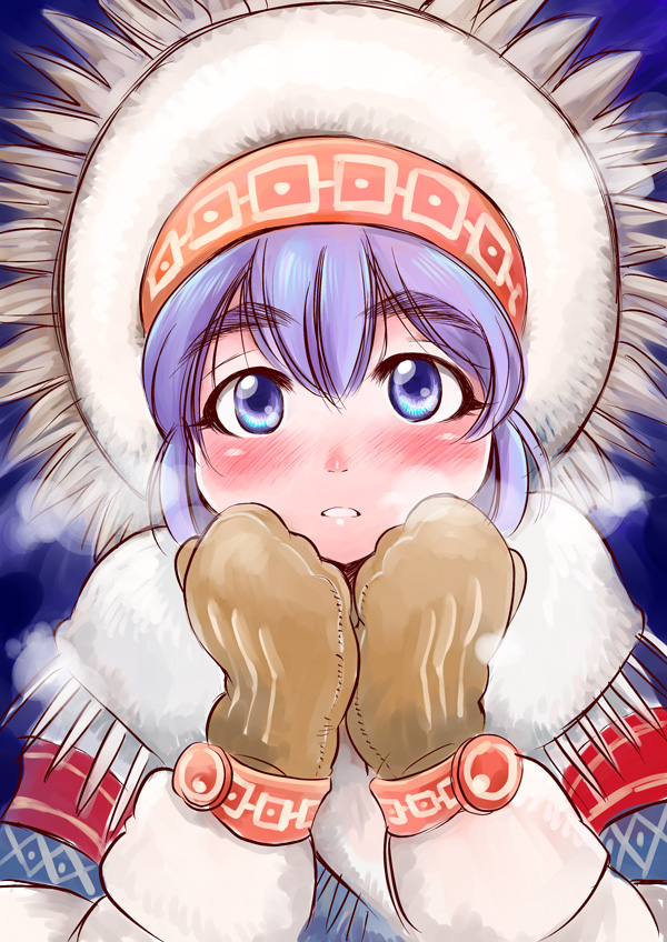 blue_eyes, blue_hair, blush, breath, cold, copyright_request, gloves, hood
