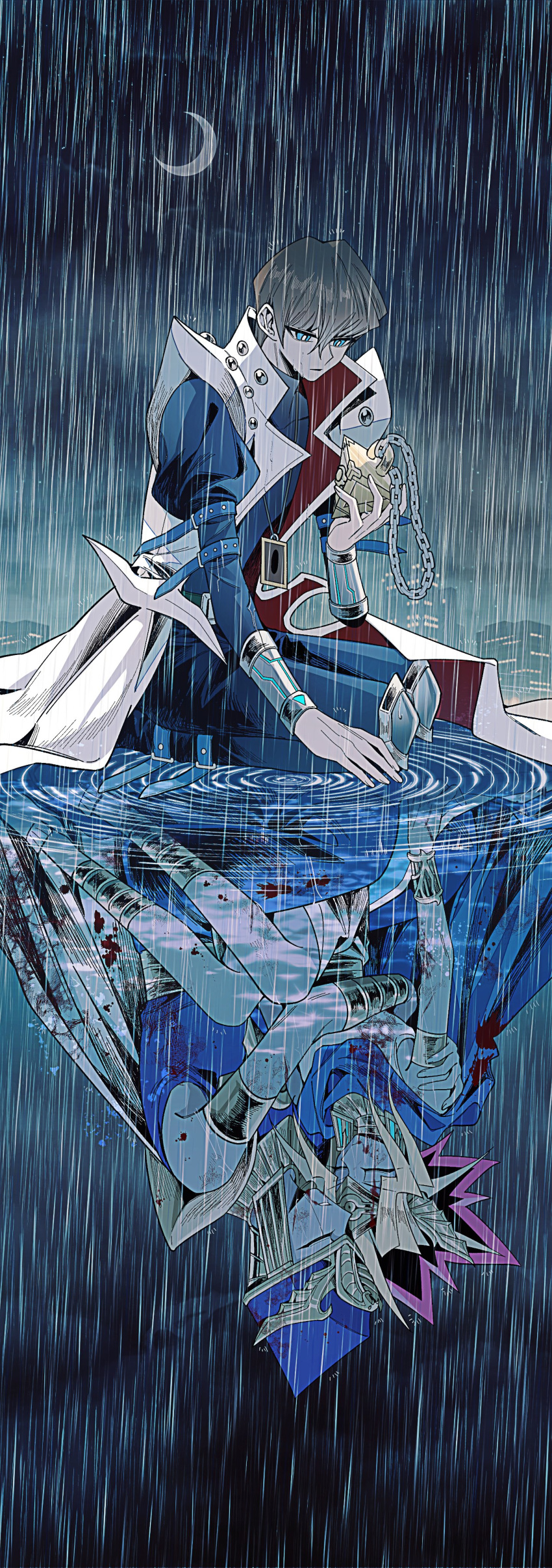 3boys, absurdres, atem, black_hair, black_shirt, blonde_hair, brown_hair, coat, crescent_moon, haikaze, highres, kaiba_seto, male_focus, medium_hair, millennium_puzzle, moon, multiple_boys, priest_seto, purple_hair, rain, shirt, short_hair, spiky_hair, white_coat, yu-gi-oh!, yu-gi-oh!_duel_monsters, yu-gi-oh!_the_dark_side_of_dimensions