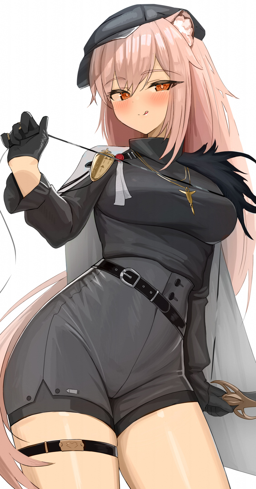1girl, :q, absurdres, animal_ears, arknights, belt, belt_buckle, black_belt, black_gloves, black_hat, black_sweater, blush, buckle, cape, closed_mouth, come_hither, commentary, contrapposto, cowboy_shot, eabiasan, eyes_visible_through_hair, flat_cap, gloves, gravel_(arknights), grey_cape, grey_shorts, hair_between_eyes, half_gloves, hand_up, hat, high-waist_shorts, high_belt, highres, long_hair, long_sleeves, orange_eyes, pink_hair, shorts, simple_background, smile, solo, standing, sweater, thigh_strap, tongue, tongue_out, white_background