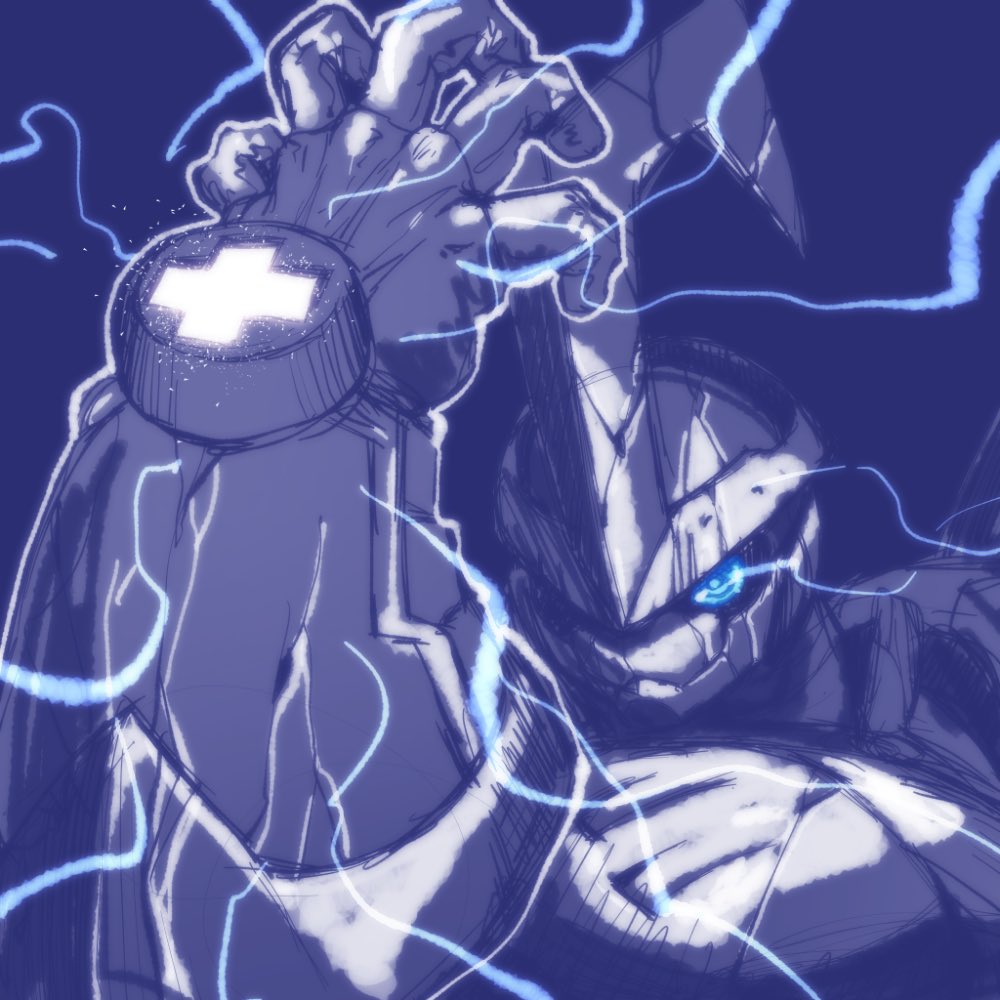 1boy, blitzmon, blue_background, blue_theme, digimon, digimon_(creature), electricity, gerusyu