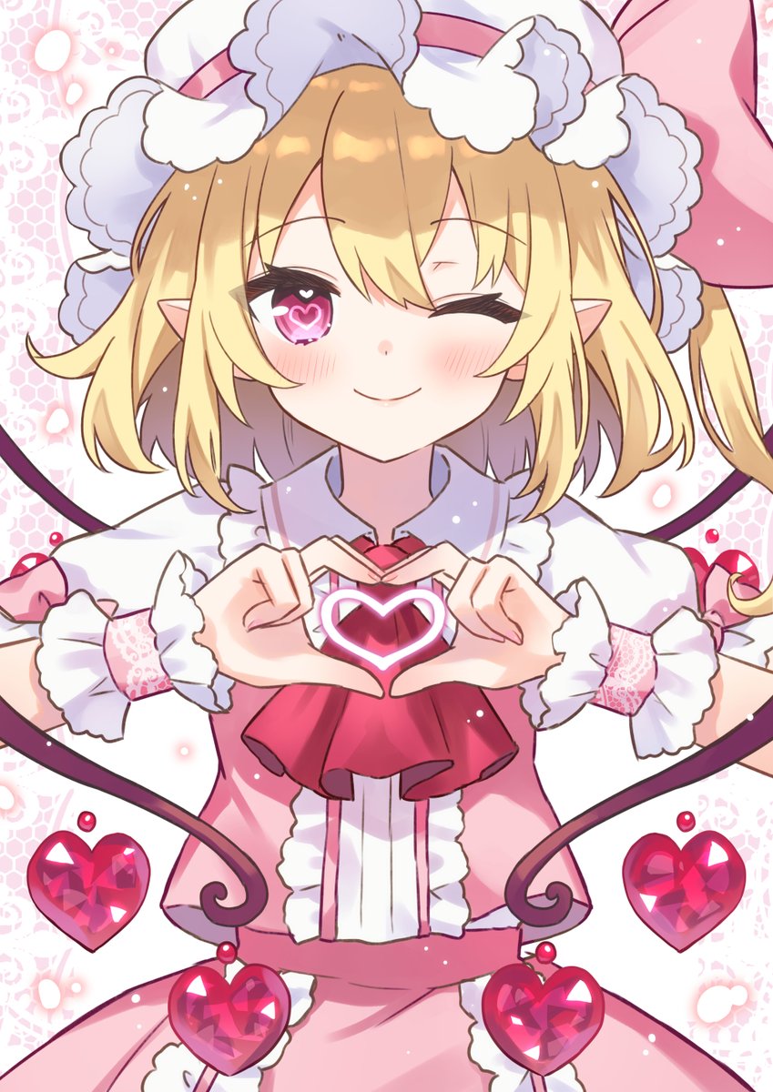 1girl, 4-finger_heart_hands, ;), ahase_hino, alternate_costume, blonde_hair, blush, bow