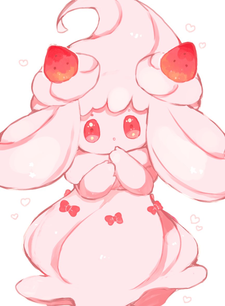 1girl, :o, alcremie, alcremie_(strawberry_sweet), alcremie_(vanilla_cream), bow, food, fruit