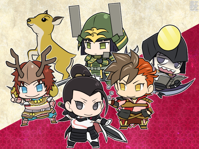 1girl, 4boys, :d, armor, black_hair, blue_eyes, book, brown_hair