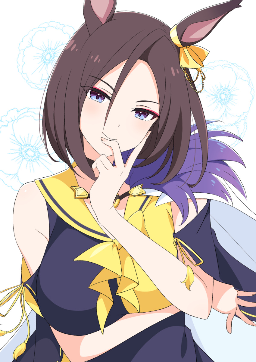 1girl, air_groove_(umamusume), animal_ears, black_hair, black_shirt, blue_eyes, bob_cut, bow