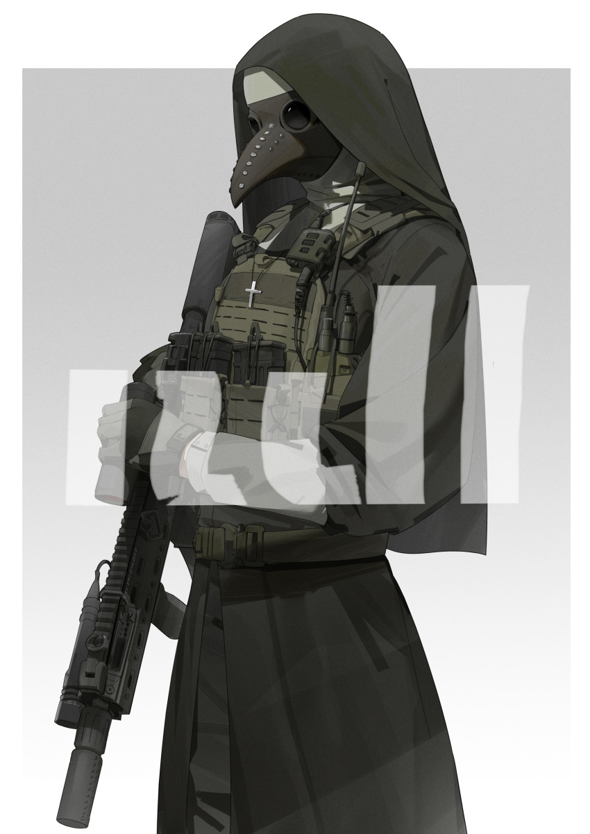 1girl, absurdres, bulletproof_vest, cross, gun, highres, long_skirt, mask, null_(user_zske3258), nun, original, plague_doctor_mask, skirt, tactical_clothes, translation_request, walkie-talkie, weapon