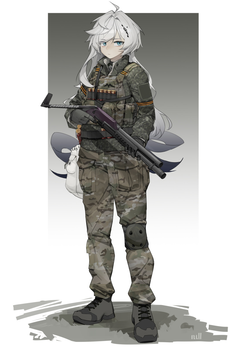 1girl, absurdres, blue_eyes, bulletproof_vest, gloves, gun, highres, knee_pads