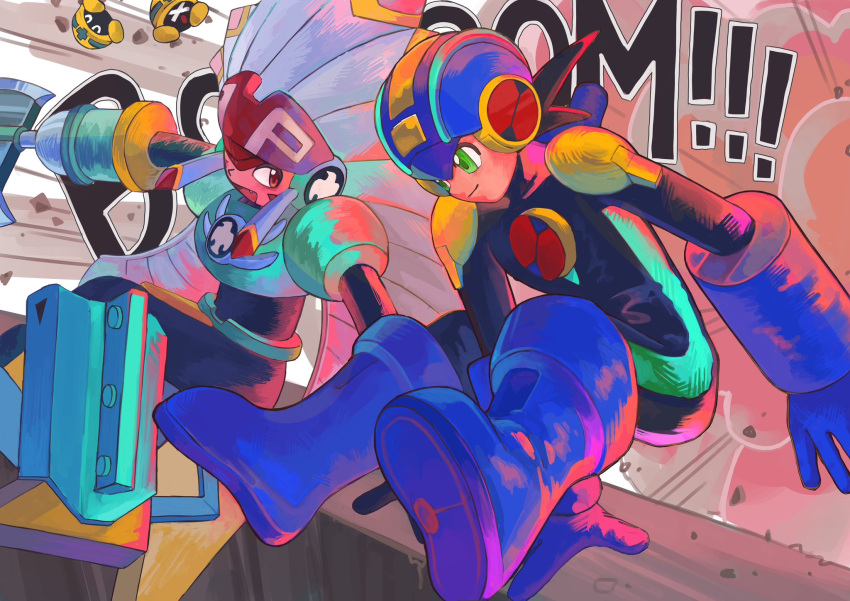 2boys, arm_blade, armor, axe, blue_armor, blue_bodysuit, blue_helmet, bodysuit, brown_hair, explosion, facial_mark, fang, green_eyes, helmet, highres, hinaki_shinji, male_focus, mega_man_(series), mega_man_battle_network_(series), megaman.exe, met_(mega_man), multiple_boys, spiky_hair, tomahawkman.exe, weapon