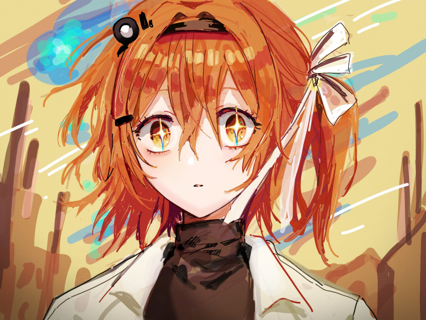 +_+, 1girl, a.i._voice, adachi_rei, black_hairband, brown_shirt, hair_ornament, hairband, hairclip, headlamp, highres, inseki_ga_ochite_kita_(utau), jacket, looking_at_viewer, meteor_shower, one_side_up, open_clothes, open_jacket, orange_eyes, orange_hair, parted_lips, portrait, s5ju, shirt, short_hair, solo, turtleneck, turtleneck_shirt, utau, white_jacket, wide-eyed, yellow_background