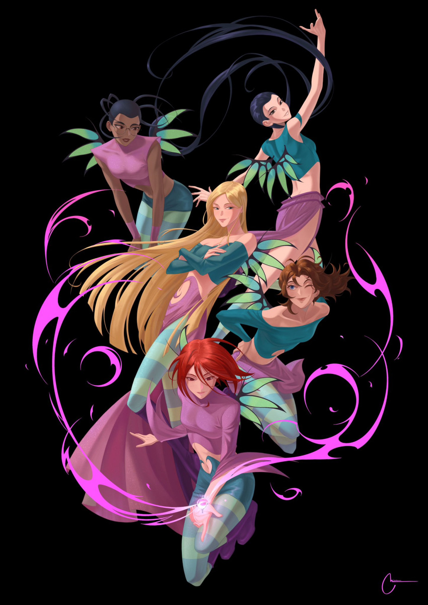 5girls, ;), aqua_shirt, arm_up, artnikita, bare_shoulders, black_background, blonde_hair
