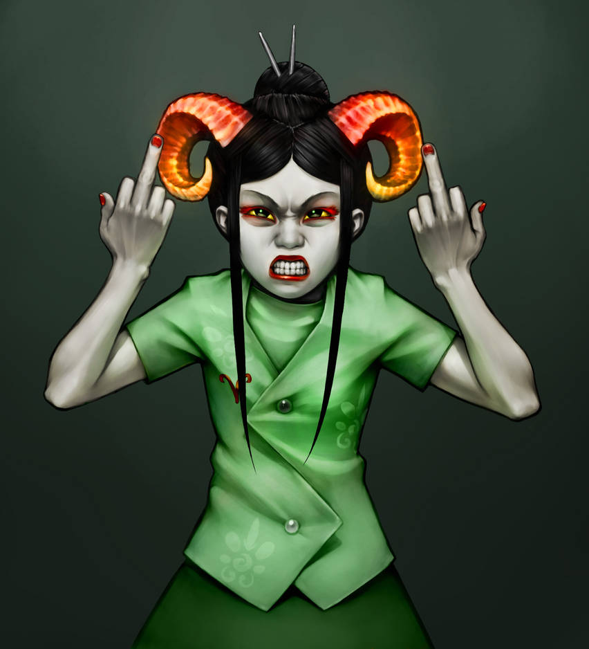 1girl, angry, black_hair, buttons, chopsticks, colored_skin, curled_horns, damara_megido