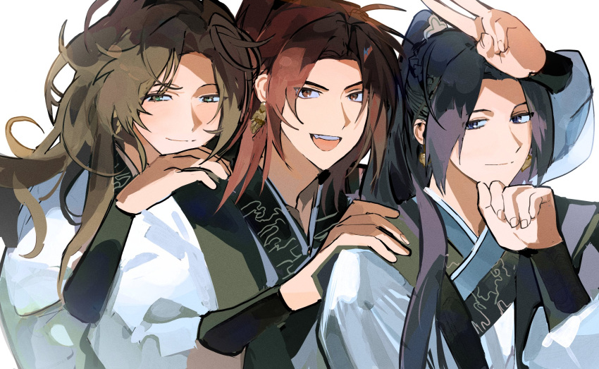 3boys, baek_eon, braid, brown_eyes, brown_hair, earrings, fang, gold_earrings