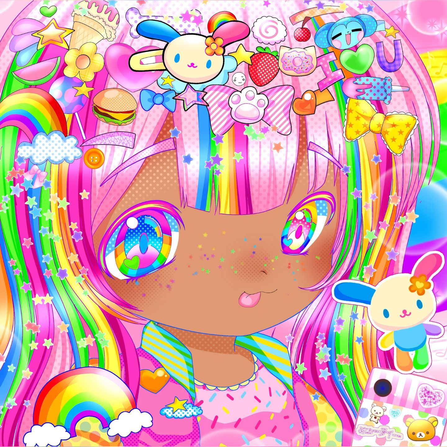 1girl, :3, cameo, cellphone, colorful, commentary, dark-skinned_female, dark_skin