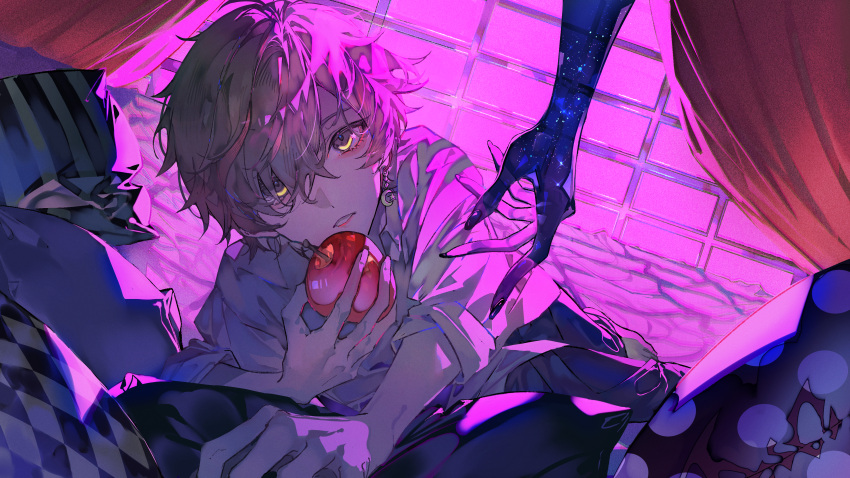 1boy, absurdres, amatsuki_(utaite), apple, black_pants, brown_hair, crescent, crescent_earrings