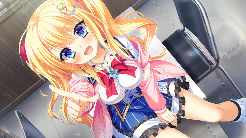 1girl, :d, ahoge, between_legs, blonde_hair, blue_brooch, blue_eyes, blue_skirt