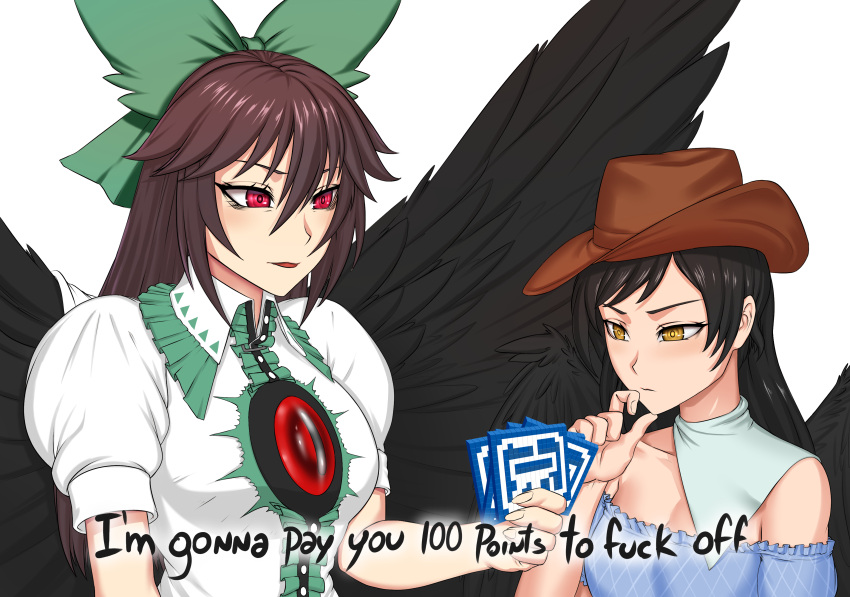 2girls, absurdres, bad_id, bad_twitter_id, bird_wings, black_hair, black_wings, blue_shirt, blush, bow, breasts, brown_hair, brown_hat, buttons, center_frills, closed_mouth, collared_shirt, commentary, cowboy_hat, english_commentary, english_text, feathered_wings, frilled_shirt_collar, frills, green_bow, hair_between_eyes, hair_bow, hat, highres, kurokoma_saki, large_breasts, long_bangs, long_hair, looking_at_another, multiple_girls, off-shoulder_shirt, off_shoulder, open_mouth, point_item_(touhou), profanity, puffy_short_sleeves, puffy_sleeves, red_eyes, reiuji_utsuho, shirt, short_sleeves, simple_background, thinking, third_eye, toetekenxal, touhou, trailer_park_boys, upper_body, white_background, white_shirt, wings, yellow_eyes