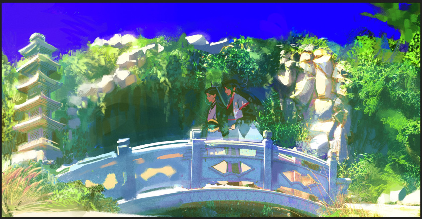 2boys, architecture, bindi, black_hair, black_hanfu, blue_sky, bridge, chinese_clothes