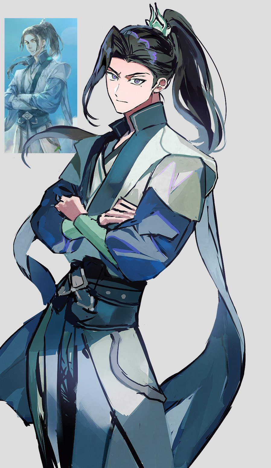 1boy, black_hair, chinese_clothes, closed_mouth, collared_robe, cowboy_shot, crossed_arms, furrowed_brow