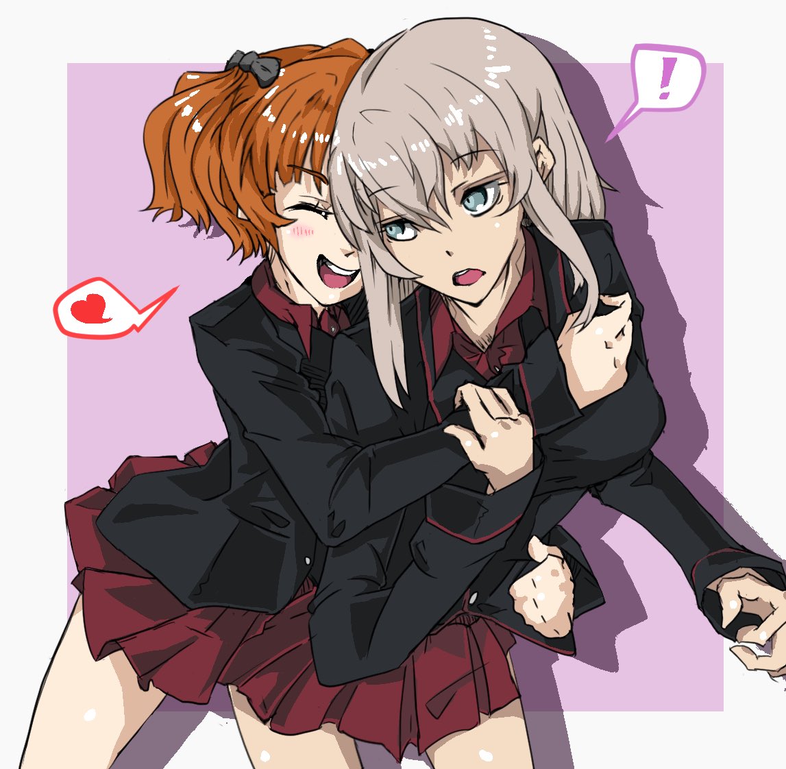 !, 2girls, black_jacket, brown_hair, collared_shirt, commentary_request, girls_und_panzer, girls_und_panzer_phase_erika, grey_hair, hair_ornament, heart, hug, hug_from_behind, itsumi_erika, jacket, kuromorimine_military_uniform, long_hair, long_sleeves, miniskirt, multiple_girls, orange_hair, red_skirt, rou_leila, shirt, skirt, twintails, wani02, yuri