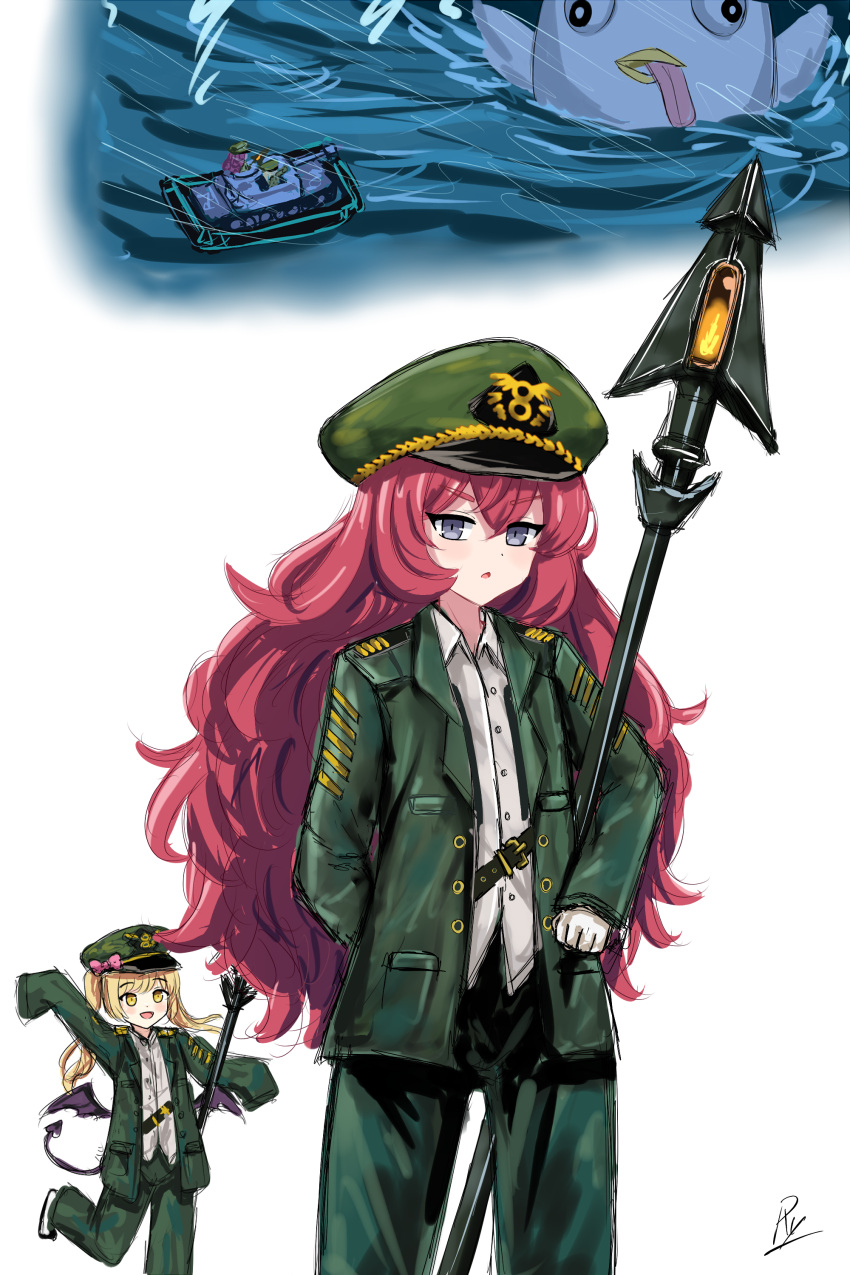 2girls, absurdres, ahab_(project_moon), blonde_hair, blue_archive, blush, brown_eyes, collared_shirt, commentary, demon_girl, demon_tail, demon_wings, dress_shirt, english_commentary, firing, gloves, green_hat, green_jacket, green_pants, grey_eyes, hair_between_eyes, hat, highres, ibuki_(blue_archive), inktober, iroha_(blue_archive), ishmael_(project_moon), jacket, limbus_company, long_hair, long_sleeves, military_hat, military_jacket, military_uniform, military_vehicle, motor_vehicle, multiple_girls, open_clothes, open_jacket, pants, parted_lips, peaked_cap, peroro_(blue_archive), perorozilla_(blue_archive), polearm, project_moon, purple_wings, redhead, rylaera, shirt, signature, sleeves_past_fingers, sleeves_past_wrists, spear, standing, standing_on_one_leg, tail, tank, twintails, very_long_hair, water, weapon, white_gloves, white_shirt, wings
