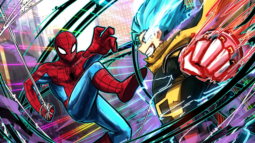 2boys, animal_print, battle, belt_pouch, blue_bodysuit, bodysuit, boku_no_hero_academia, city
