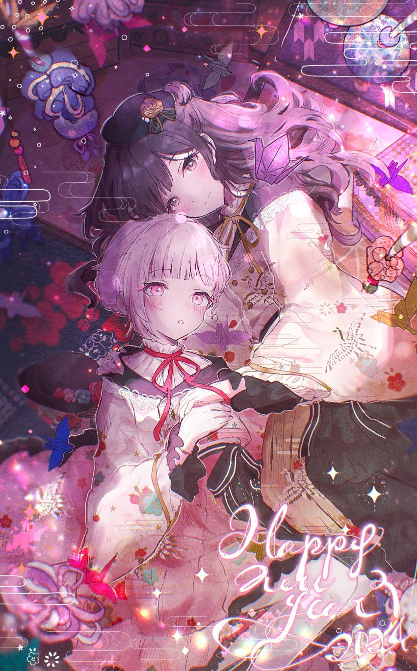 2girls, abyssal_crane_princess, asahina_mafuyu, black_hat, black_skirt, blunt_bangs, bright_pupils, closed_mouth