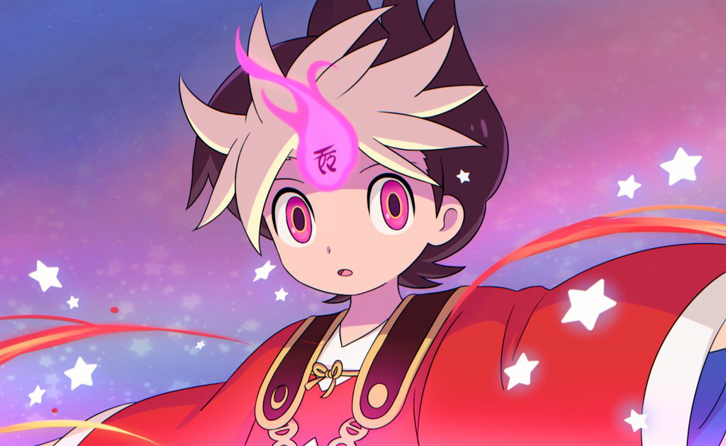 1boy, :o, black_hair, fire, flipped_hair, gradient_background, ken-ou, kokouemae