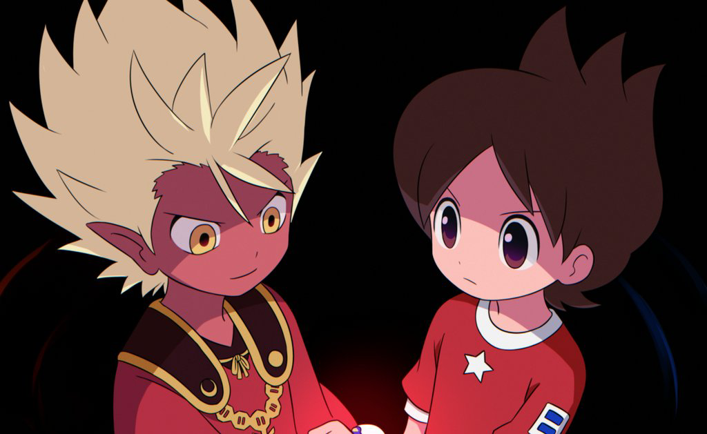 2boys, amano_keita, black_background, blonde_hair, brown_eyes, brown_hair, closed_mouth, cowlick