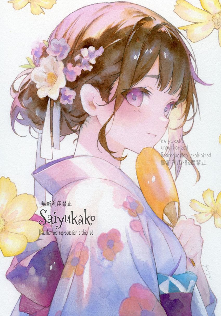 1girl, artist_name, blush, brown_hair, flower, hair_flower, hair_ornament, highres
