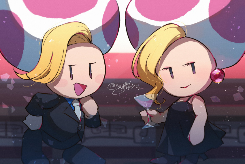 1boy, 1girl, :d, artist_name, black_dress, black_footwear, black_jacket, black_suit