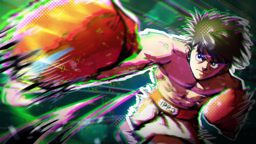 1boy, abs, black_eyes, black_hair, boxing_ring, boxing_shorts, chromatic_aberration, commentary