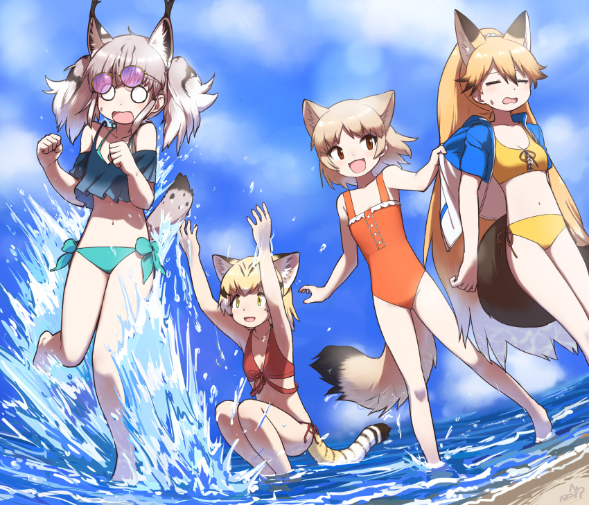 alternate_costume, animal_ears, bare_arms, bare_legs, bare_shoulders, barefoot, beach, bikini