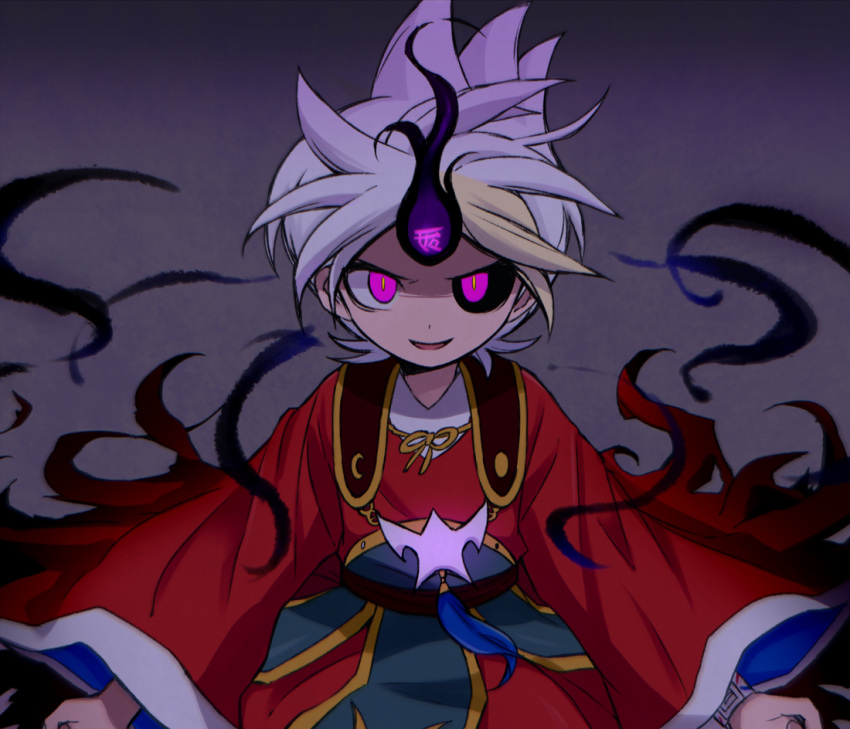 1boy, amano_keita, black_fire, black_sclera, blonde_hair, bright_pupils, coat, colored_sclera, crescent_mouth, dot_nose, fire, grey_background, kokouemae, kugutsu_ken-ou, light_smile, loincloth, long_sleeves, looking_afar, looking_ahead, male_focus, mismatched_sclera, multicolored_hair, open_hands, parted_lips, pink_eyes, red_coat, sash, solo, straight-on, streaked_hair, umbrakinesis, upper_body, v-neck, v_arms, white_hair, wide_sleeves, youkai_watch
