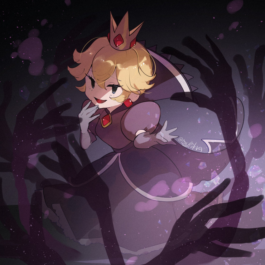 1girl, artist_name, black_eyes, blonde_hair, crown, darkness, dress, earrings