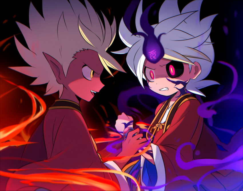2boys, amano_keita, black_sclera, blonde_hair, clenched_hand, clenched_teeth, colored_sclera, colored_skin