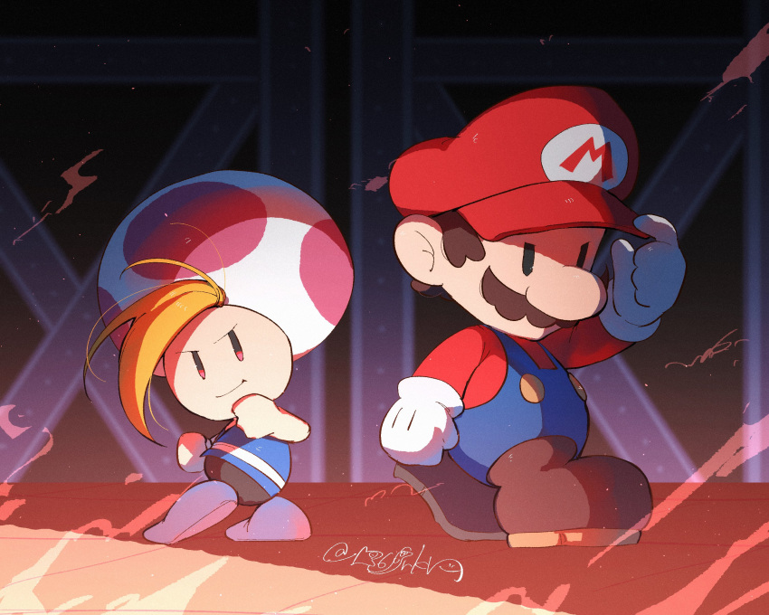 2boys, absurdres, artist_name, black_eyes, blonde_hair, blue_overalls, blue_shirt, brown_footwear