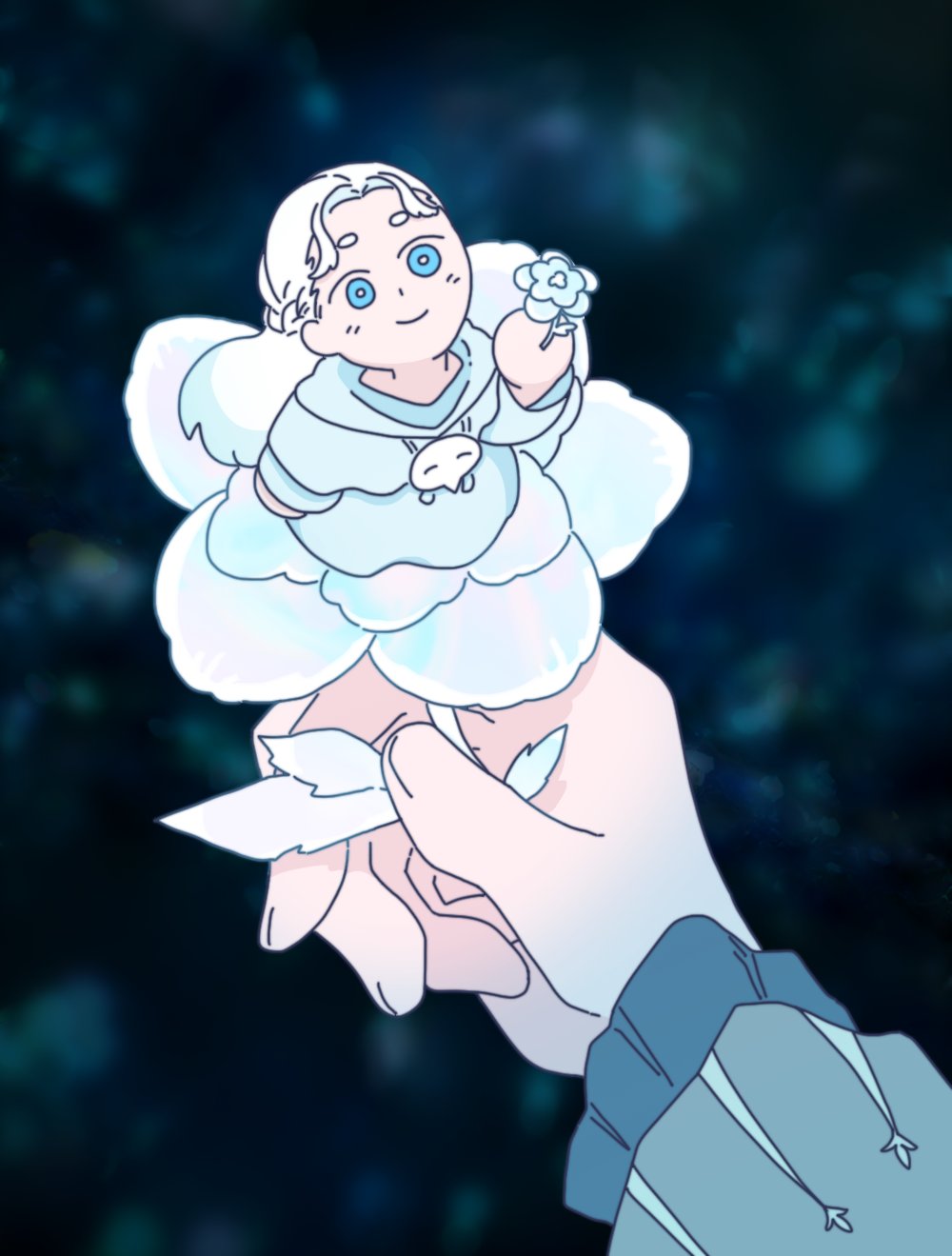 1girl, blue_eyes, blurry, blurry_background, capelet, elpis_flower, ff14monday, final_fantasy, final_fantasy_xiv, flower, from_above, half_up_braid, highres, holding, holding_flower, in_flower, leaf, long_hair, looking_at_viewer, mask, mask_around_neck, mini_person, minigirl, no_sclera, out_of_frame, outstretched_arm, robe, size_difference, smile, sophist's_robe_(ff14), unworn_mask, venat_(ff14), white_capelet, white_flower, white_hair, white_robe