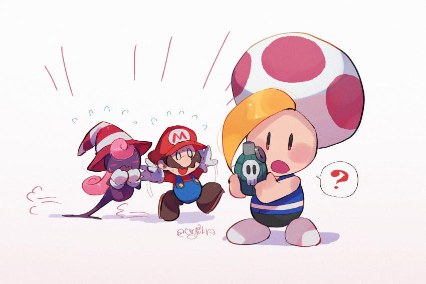 1girl, 2boys, :o, ?, arms_up, artist_name, blonde_hair, blue_overalls